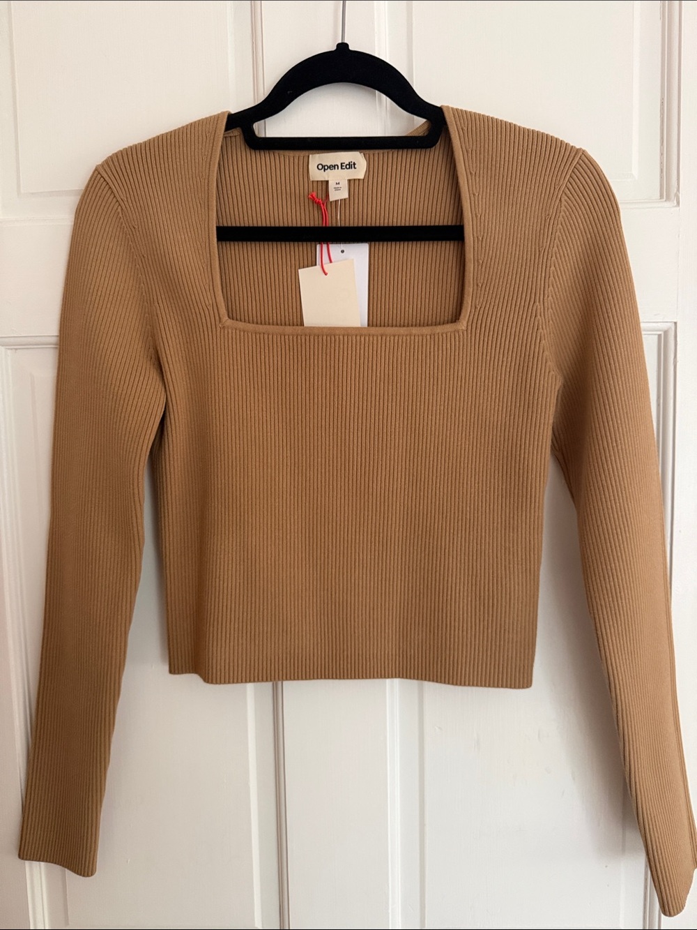NWT Open Edit Camel Ribbed Square-Neck Top size M